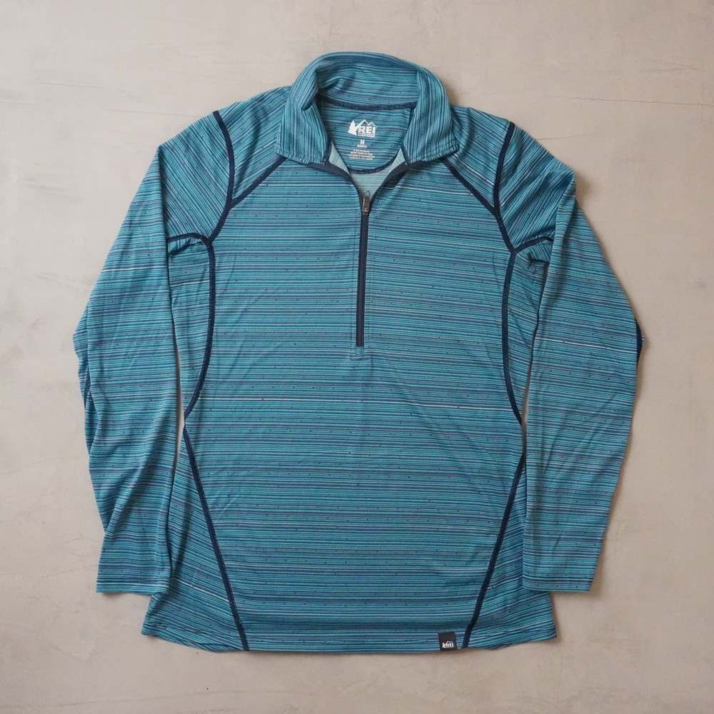 REI Co-op Womens Medium Blue Striped Quarter Zip Pullover Long Sleeve Hiking Top